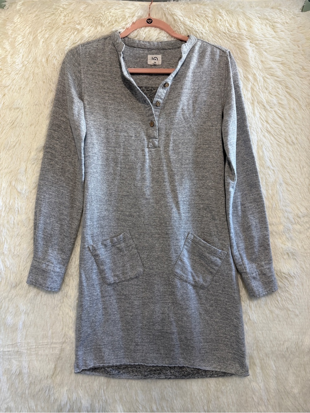 Tentree Womens Long Sleeve Button Front Knit Mini Dress XS Grey Organic Cotton